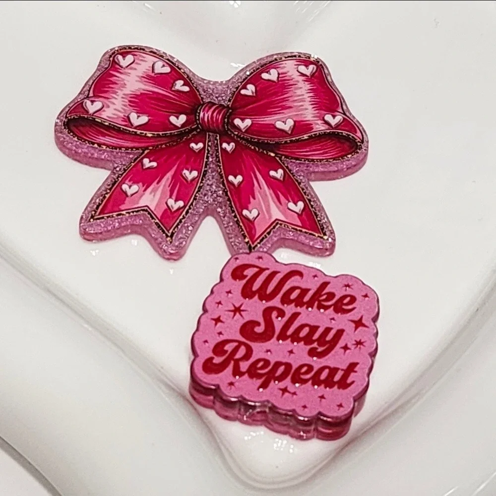 Bow Wake Slay Repeat Flatback Focal Bead Badge Keychain Beaded Pen Acrylic